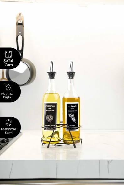 Jenisa 750 ml 2'li Yağlık Seti  Çelik Akıtmaz Tıpalı Standlı Şeffaf Cam Yağdanlık - Siyah - Resim 2