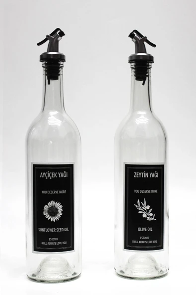 Jenisa Dibi Çukur Şeffaf Cam Şişe Etiketli 2'li 750 Ml Zeytinyağı Sıvıyağ Şişesi Yağdanlık - 2