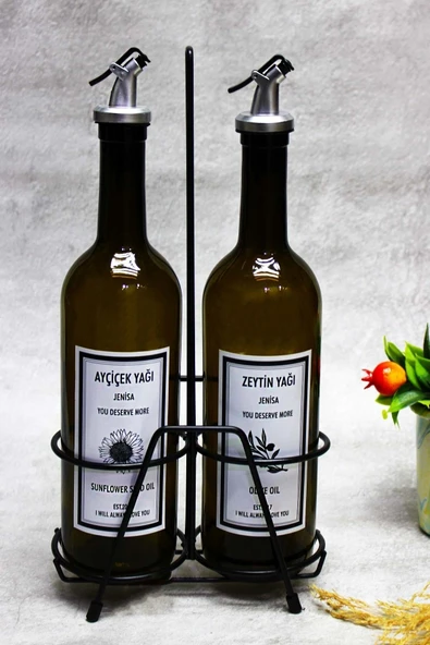 Jenisa 2 Adet Akıtmaz Amber 750 Ml Etiketli Yağlık Yağdanlık Ve Siyah Stant - Resim 3