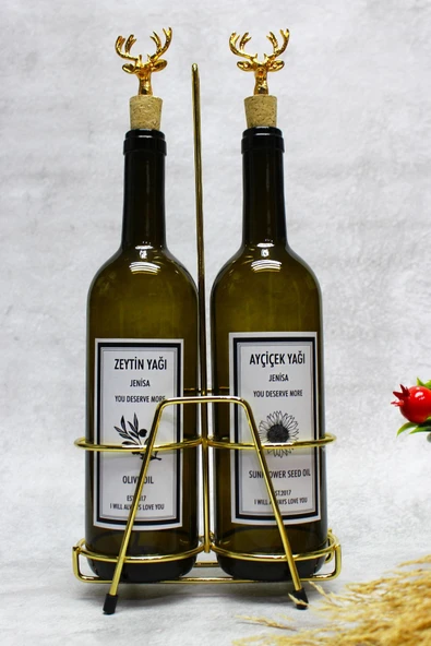 Jenisa 2 Adet Geyik Figürlü Akıtmaz Mantar Tıpalı 750ml Yağlık Yağdanlık Ve Altın Kaplamalı Stant ürün görseli 1