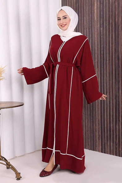 Çizgi Desenli Önü Boydan Fermuarlı Bel Kuşaklı Ferace 7885 Bordo - Resim 3