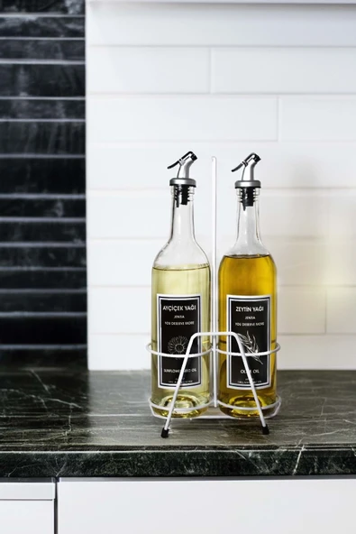 Jenisa 2 Adet Şeffaf Dibi Çukur 750 Ml Etiketli Akıtıcılı Yağlık Ve Beyaz Stant - Siyah ürün görseli 1