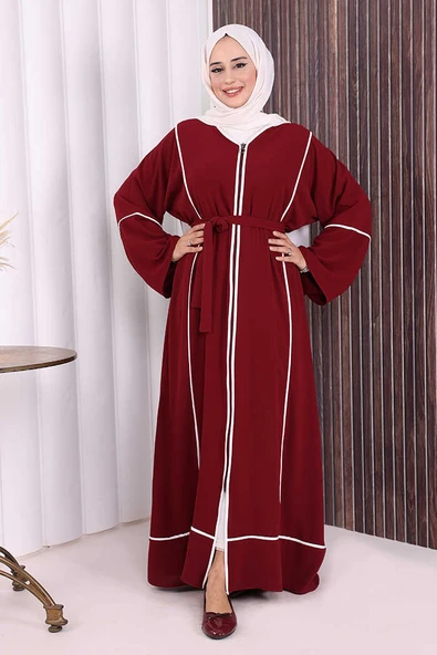 Çizgi Desenli Önü Boydan Fermuarlı Bel Kuşaklı Ferace 7885 Bordo - Resim 2