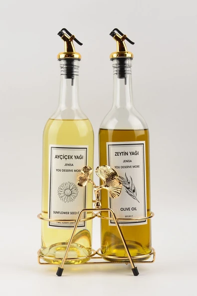 Jenisa Altın Standlı Ginkgo Figürlü 750Ml Şeffaf Şişe Altın Akıtıcılı Etiketli Yağlık Yağdanlık
