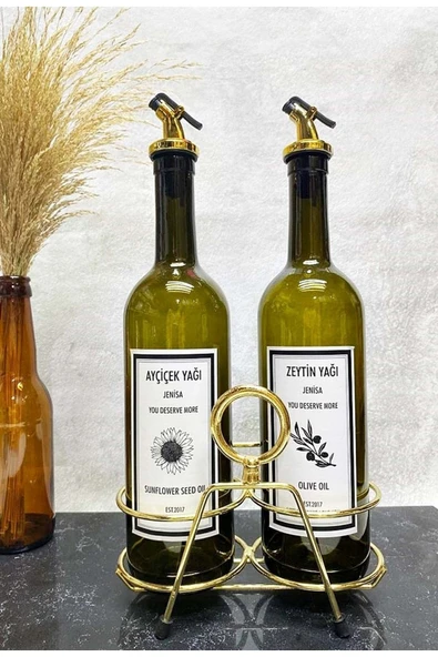 Jenisa Altın Standlı Yuvarlak Figürlü 750Ml Yeşil Amber Şişe Altın Akıtıcılı Etiketli Yağlık Yağdanlık