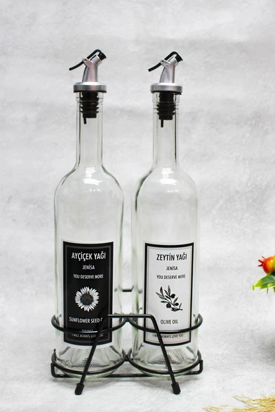 Jenisa Siyah Stantlı 2'li 750 Ml Zeytinyağı Sıvıyağ Şişesi Cam Yağdanlık Akıtıcılı Yağlık 750ml