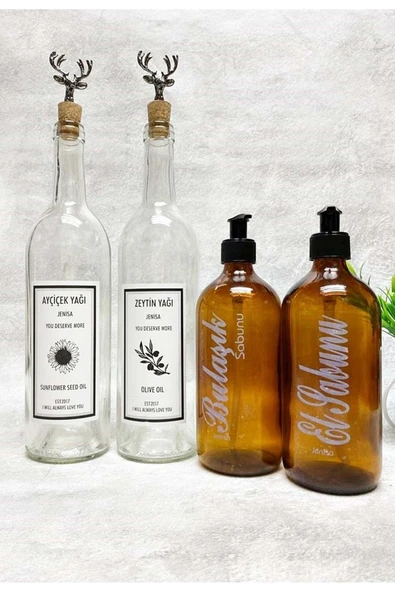 Jenisa Geyik Mantar Tıpalı Şeffaf Şişe 750ml Yağlık 2li 500ml Amber Sabunluk Mutfak Yağlık Sabunluk Set - Resim 2