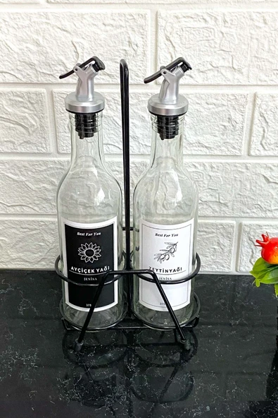 Jenisa 2'li Şeffaf Cam 375 Ml Demir Stantlı Yağdanlık Akıtmaz Damlatmaz Başlıklı Yağlık ürün görseli 1