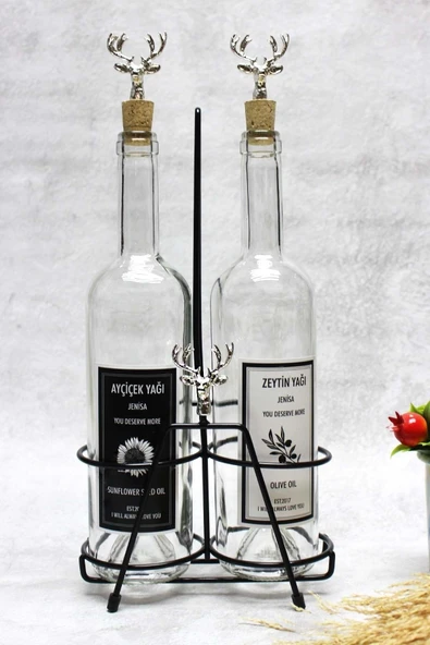 Jenisa Gümüş Renk Geyik Aksesuarlı Siyah Standlı Geyik Mantar Tıpalı Yağdanlık Yağlık ürün görseli 1