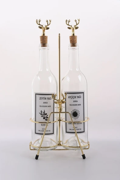 Jenisa Altın Renk Geyik Aksesuarlı Altın Standlı Geyik Mantar Tıpalı Şeffaf Şişe Yağdanlık Yağlık ürün görseli 1