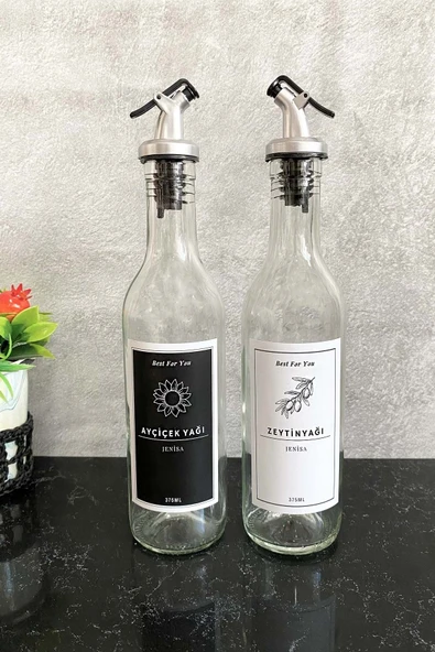 Jenisa Şeffaf Cam 375 Ml Şişe Etiketli Akıtıcılı Yağlık Yağdanlık Set