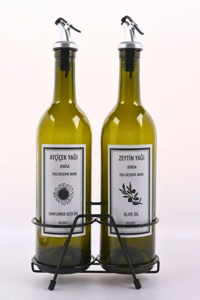 Jenisa Paslanmaz Demir Stantlı 2'li 750 Ml Damlatmaz Başlıklı Yağdanlık Amber Cam Yağlık