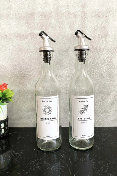 Jenisa Şeffaf Cam 375 Ml Şişe Etiketli Akıtıcılı Yağlık Yağdanlık Set