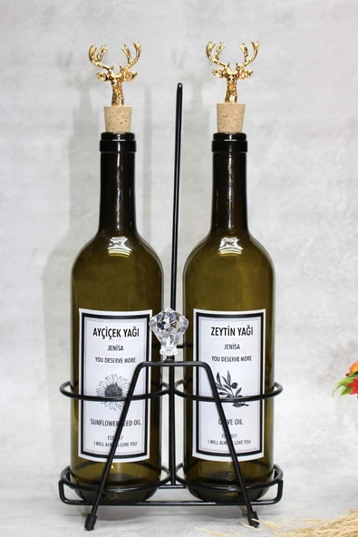 Jenisa 2 Adet Koyu Yeşil 750 Ml Altın Geyik Tıpalı Yağlık Ve Elmas Aksesuarlı Siyah Stant Yağdanlık ürün görseli 1