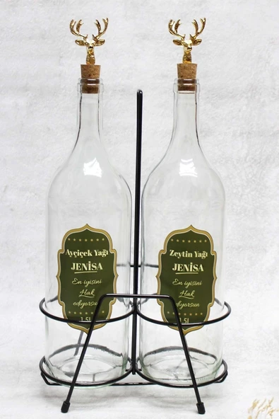 Jenisa 2 Adet Altın Geyik Tıpalı Stantlı Şeffaf Cam 1500ml Etiketli Yağlık Yağdanlık ürün görseli 1