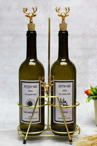 Jenisa Altın Renk Geyik Aksesuarlı Altın Standlı Geyik Mantar Tıpalı Yağdanlık Yağlık ürün görseli 1