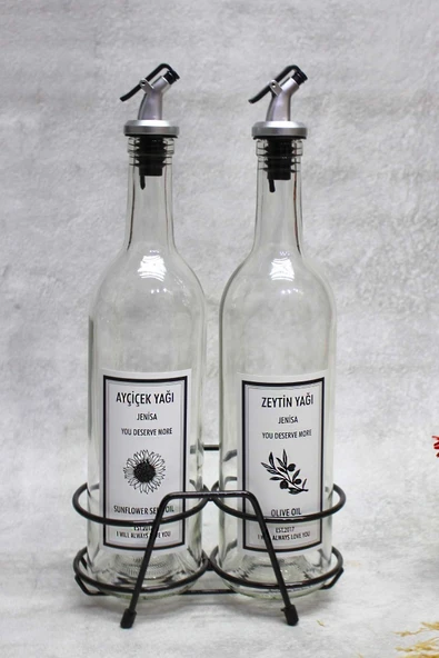 Jenisa 2 Adet Şeffaf 750 Ml Etiketli Akıtmaz Yağdanlık Yağlık Ve Siyah Kısa Stant - Resim 3