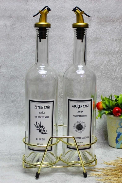 Jenisa 2 Adet Şeffaf 750 Ml Etiketli Şişe Altın Akıtıcı Parlak Altın Standtlı Yağlık Yağdanlık ürün görseli 1