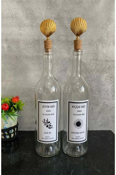 Jenisa 2 Adet Şeffaf 750 Ml Etiketli Şişe Altın İstiridye Tıpalı Yağdanlık Set - 2