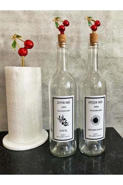 Jenisa Şeffaf 750 Ml Cam Kiraz Mantar Tıpalı Etiketli Yağdanlık Mermer Kiraz Aksesuarlı Havluluk Set