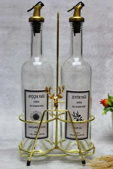 Jenisa Altın Renk Geyik Aksesuarlı Altın Standlı Altın Akıtıcılı Şeffaf Yağdanlık Yağlık ürün görseli 1