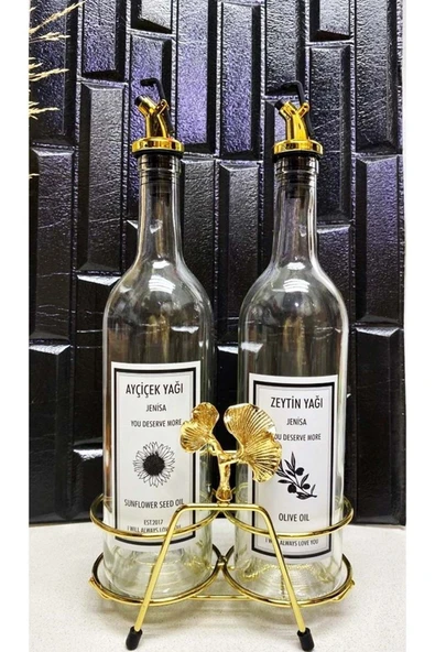 Jenisa Altın Standlı Ginkgo Figürlü 750Ml Şeffaf Şişe Altın Akıtıcılı Etiketli Yağlık Yağdanlık - 4