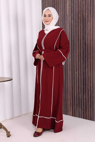 Çizgi Desenli Önü Boydan Fermuarlı Bel Kuşaklı Ferace 7885 Bordo - Resim 4