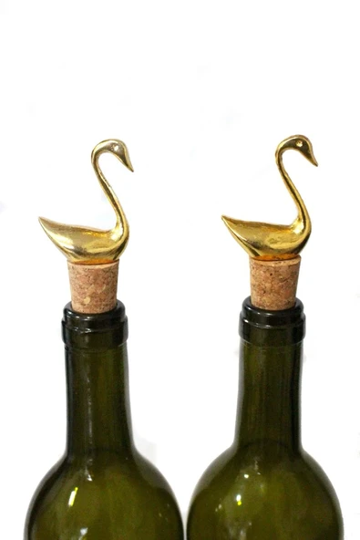 Jenisa Altın Kuğu Figürlü 2 Adet Mantar Tıpa - Şarap Yağdanlık Şişe