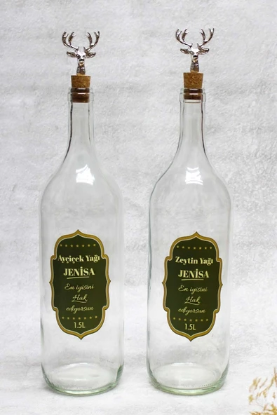 Jenisa 2 Adet Gümüş Geyik Tıpalı Şeffaf Cam 1500ml Etiketli Yağlık Yağdanlık ürün görseli 1