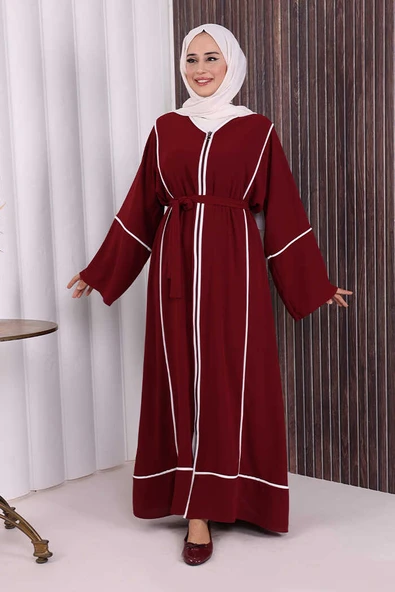 Çizgi Desenli Önü Boydan Fermuarlı Bel Kuşaklı Ferace 7885 Bordo ürün görseli