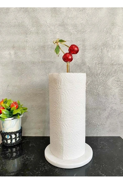 Jenisa Beyaz Yuvarlak Mermer Altın Kırımızı Kiraz Aksesuarlı Dekoratif Rulo Kağıt Havluluk