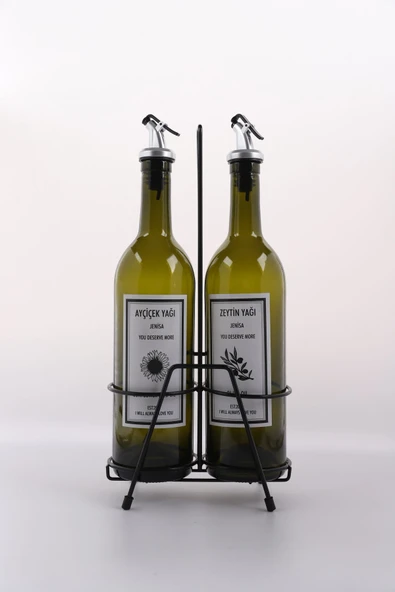 Jenisa 2 Adet Akıtmaz Amber 750 Ml Etiketli Yağlık Yağdanlık Ve Siyah Stant - Resim 2