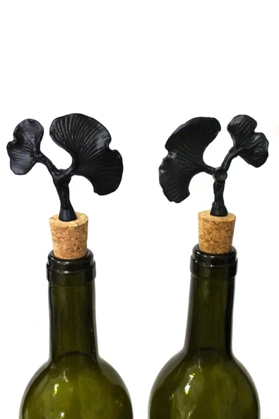 Jenisa Siyah Ginkgo Figürlü 2 Adet Mantar Tıpa - Şarap Yağdanlık Şişe