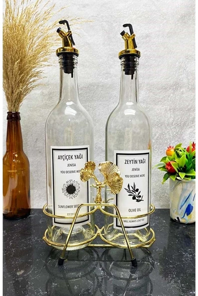 Jenisa Altın Standlı Ginkgo Figürlü 750Ml Şeffaf Şişe Altın Akıtıcılı Etiketli Yağlık Yağdanlık - 5