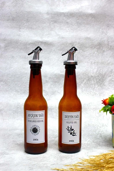 Jenisa 2'li Amber Cam Zeytinyağı Sıvıyağ Yağdanlık Akıtıcılı Yağlık & Sirkelik 330cc
