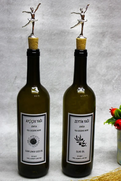 Jenisa 2 Adet Gümüş Balerin Figürlü Mantar Tıpalı Yağdanlık Yağlık Etiketli Yağlık 750ml