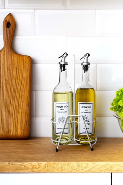 Jenisa 2 Adet Şeffaf Dibi Çukur 750 Ml Etiketli Akıtıcılı Yağlık Ve Beyaz Stant - Beyaz - Resim 2