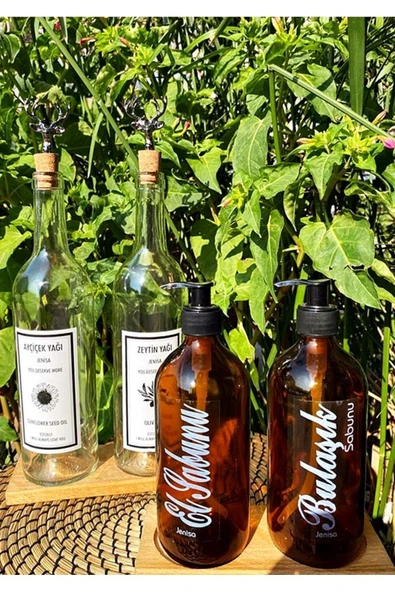 Jenisa Ahşap Standlı 2li Şeffaf Geyik Tıpalı 750ml 2li 500ml Amber Yağdanlık Sabunluk Set