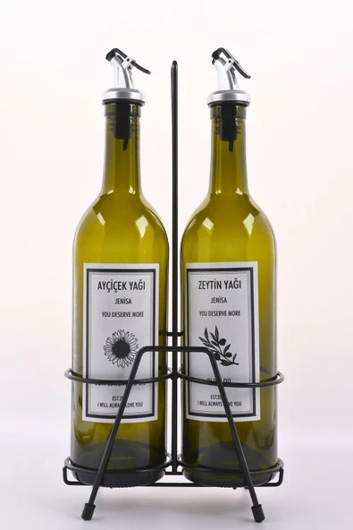 Jenisa 2 Adet Akıtmaz Amber 750 Ml Etiketli Yağlık Yağdanlık Ve Siyah Stant ürün görseli 1