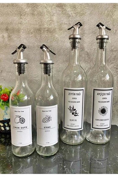 Jenisa Şeffaf Cam Etiketli Akıtıcılı 750 Ml Yağlık 375 Ml Sosluk Yağdanlık Set - Resim 2