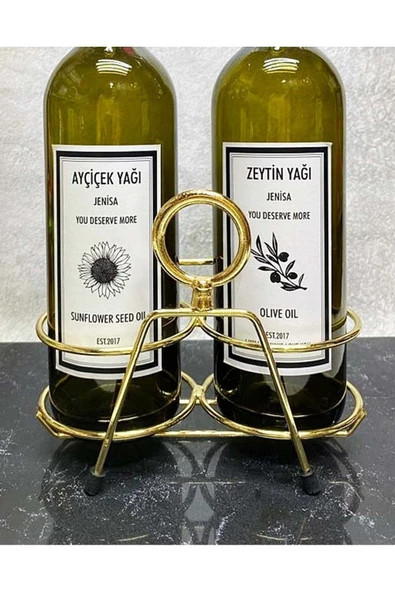 Jenisa Altın Standlı Yuvarlak Figürlü 750Ml Yeşil Amber Şişe Altın Akıtıcılı Etiketli Yağlık Yağdanlık - 3