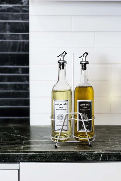 Jenisa 2 Adet Şeffaf Dibi Çukur 750 Ml Etiketli Akıtıcılı Yağlık Ve Beyaz Stant - Siyah Beyaz ürün görseli 1