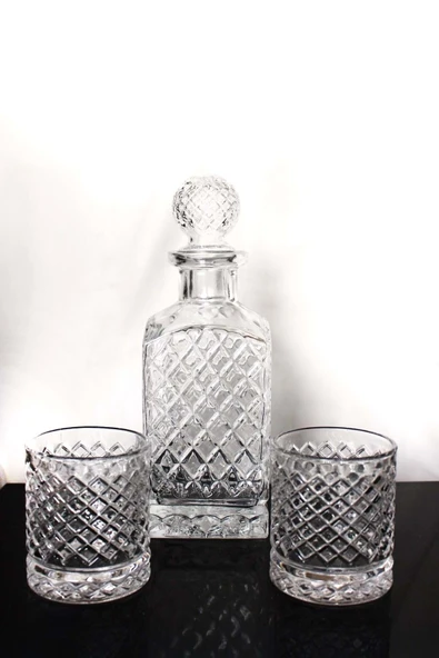 Jenisa El Yapımı Kafes Kare Karaf Cam Viski Ve Meşrubat Şişesi 2 Adet Bardak - 3