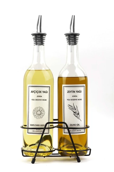 Jenisa 750 ml 2'li Yağlık Seti  Çelik Akıtmaz Tıpalı Standlı Şeffaf Cam Yağdanlık - Beyaz ürün görseli 1