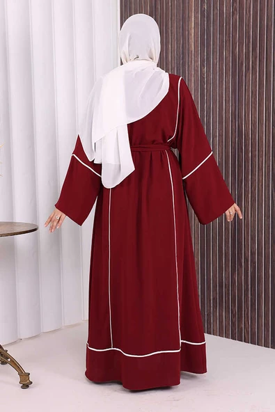 Çizgi Desenli Önü Boydan Fermuarlı Bel Kuşaklı Ferace 7885 Bordo - Resim 5