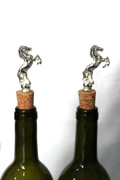 Jenisa Gümüş Şahlanan At Figürlü 2 Adet Mantar Tıpa - Şarap Yağdanlık Şişe - 2
