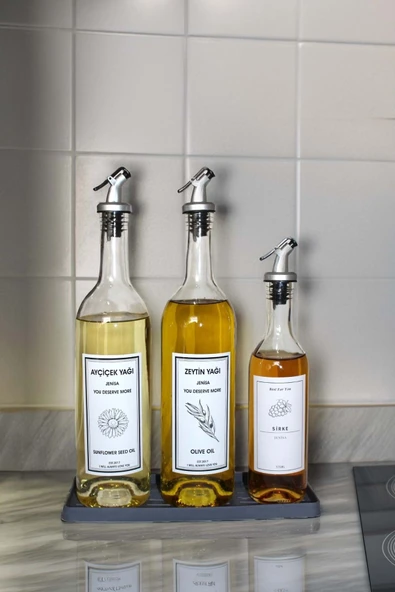 Jenisa Gri Silikon Standlı Akıtıcılı Şeffaf 750 Ml ve 375 Ml Etiketli Yağlık Yağdanlık ürün görseli 1