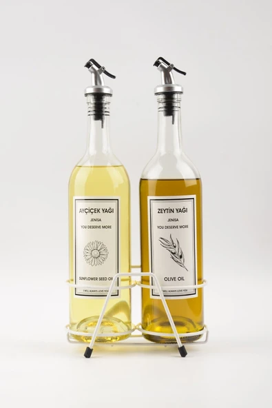 Jenisa Beyaz Standlı Akıtıcılı Şeffaf 750 Ml Beyaz Etiketli Yağlık Yağdanlık