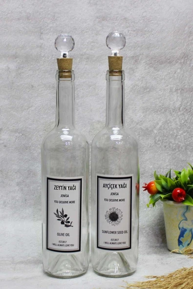 Jenisa 2 Adet Şeffaf Dibi Çukur 750 Ml Etiketli Yuvarlak Elmas Mantar Tıpalı Yağlık Yağdanlık