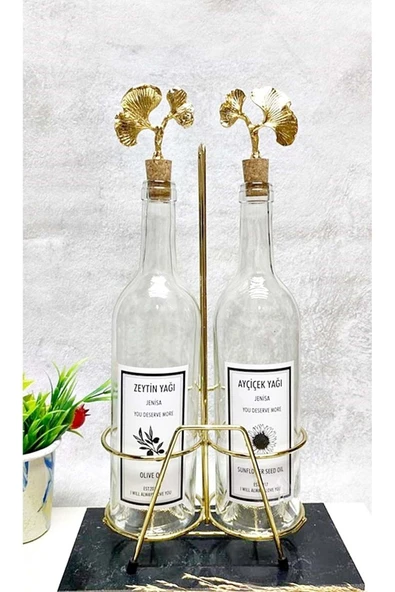 Jenisa Şeffaf Yağlık Akıtmaz Ginko Model Mantar Tıpalı 750ml Yağdanlık Ve Altın Stant